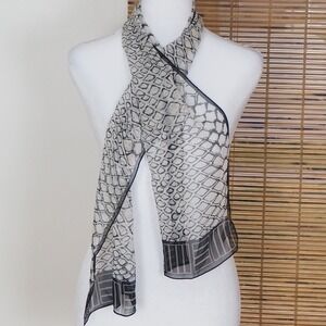 Anne Klein 100% Silk Scarf Oblong Black & White Geometric Animal Print 11" x 53"